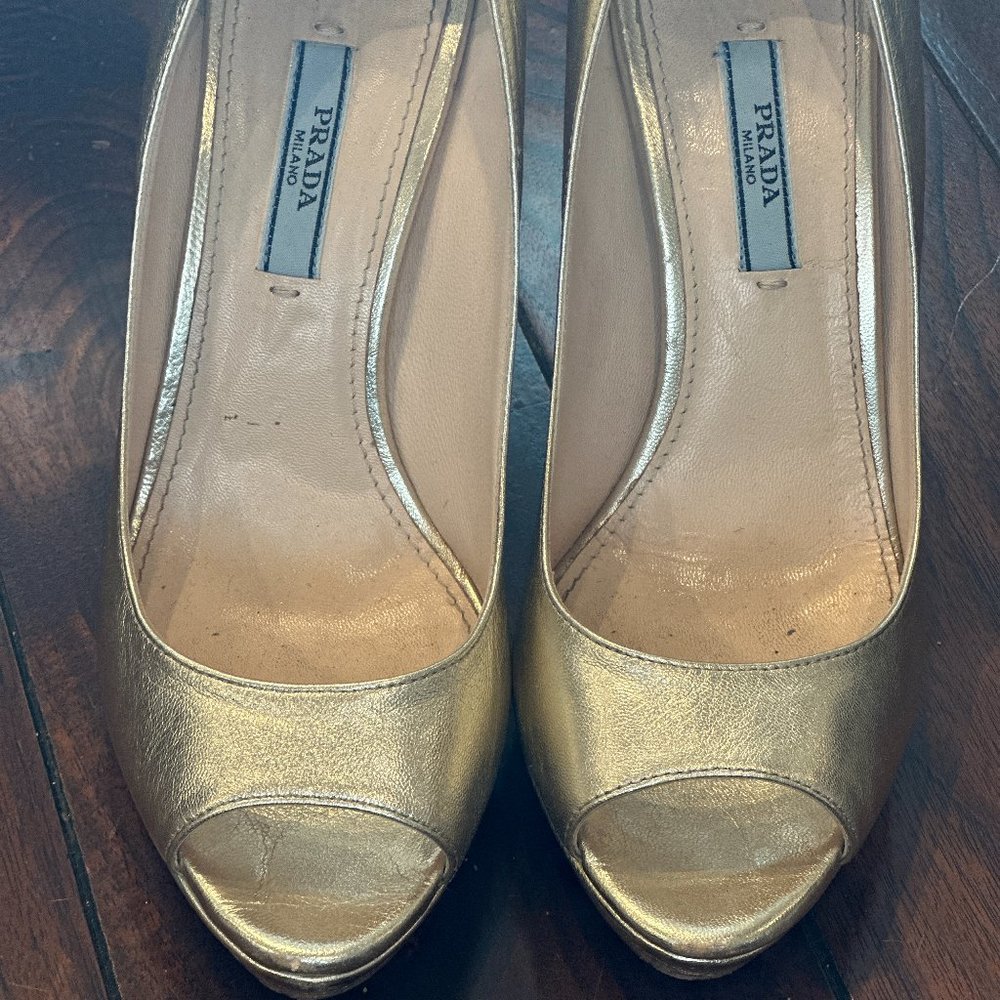 Prada Leather Pumps, Gold Open Toe with Platform - Size 37.